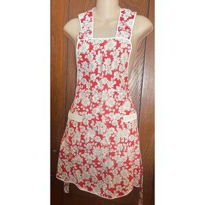 Vintage Handmade Red & White Floral Bibbed Apron With Pockets